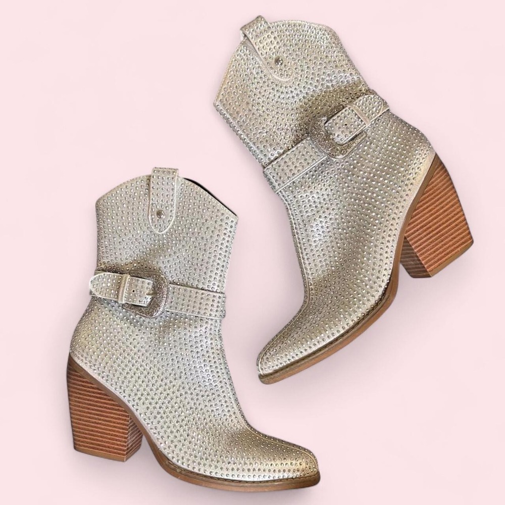 Mix No. 6 Brently silver metallic rhinestone ankle boots w buckle Size 8